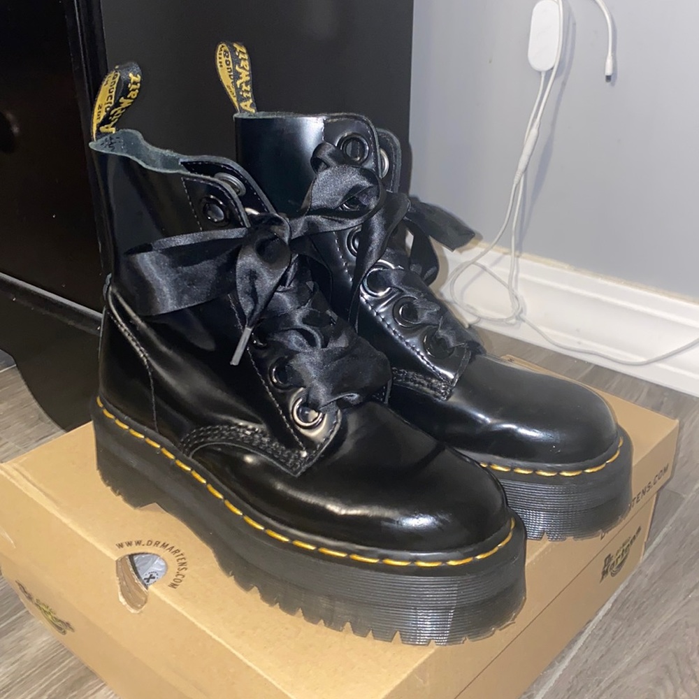 Dr. Martens Black Leather Platform Boot with satin ribbon laces - Women’s